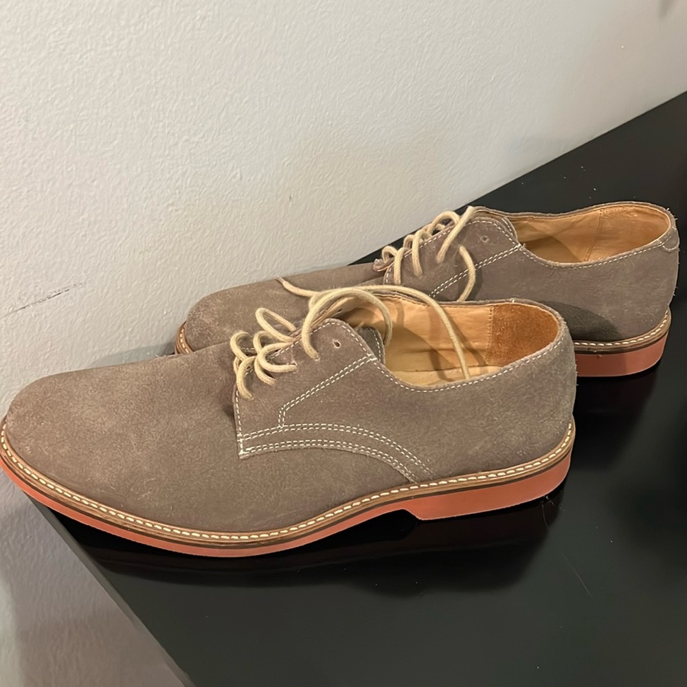 1901 Oxford Leather Suede Derby Shoes Taupe Lace Up Topstitching Rubber Sole